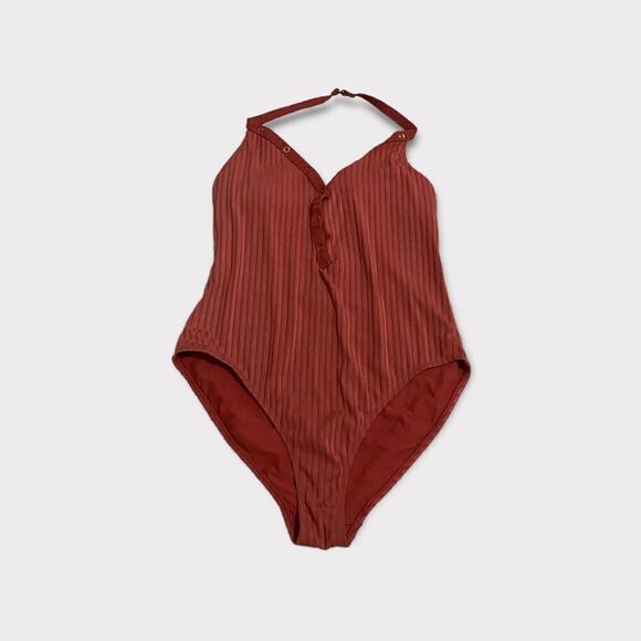 Burnt Orange Brick Ribbed Halter Top Bodysuit - Picture 3 of 6